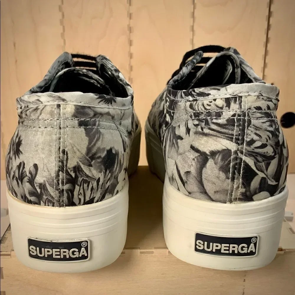 SUPERGA 2790 ANNABELLA FLORAL PLATFORM SNEAKER IN BLACK WHITE WOMEN’S SIZE EU 36